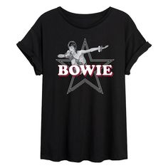 You will love the fun and comfortable style of this Juniors' David Bowie Star Logo Flowy Tee. You will love the fun and comfortable style of this Juniors' David Bowie Star Logo Flowy Tee. FEATURES Short sleeves ScoopneckFABRIC & CARE Cotton, polyester Machine wash Imported Size: Medium. Color: Black. Gender: female. Age Group: kids. Pattern: Graphic. David Bowie Star, Graphic Material, Kids Pattern, Comfortable Style, Star Logo, Pattern Graphic, Oversized Tee, David Bowie, Comfortable Fashion