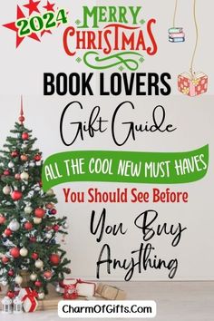 a christmas tree and presents with the words merry christmas book lovers gift guide all the cool new must have you should see before you buy anything