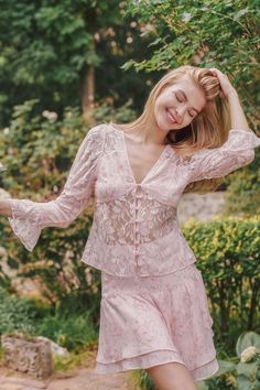 Adrianna Lace Hollow-out Blouse Pink Outfits Aesthetic, Pink Skirt Outfits, Blush Pink Skirt, Pink Skirt Set, Skirt Outfits Aesthetic, Chiffon Embroidery, Blush Pink Top, Tiered Mini Skirt, Modest Summer Outfits