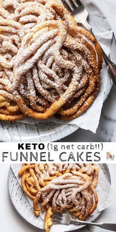 two photos of funnel cakes with the words keto on them