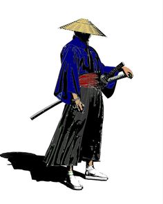 a drawing of a person wearing a hat and holding two swords