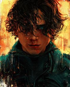 a painting of a young man with curly hair and blue eyes, wearing a green jacket