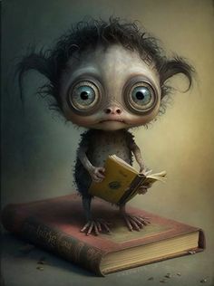 a weird looking creature sitting on top of a book with eyes wide open and hair blowing in the wind