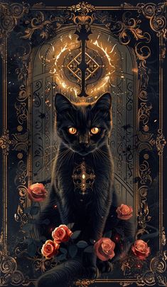 a black cat sitting on top of roses in front of a door with an ornate frame