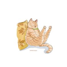 an orange and white cat laying on top of a yellow chair with its paws up