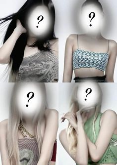 four different images of women with question marks on their faces and hair in front of them