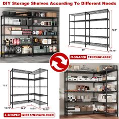 three shelves with different types of shelving and storage racks in each section, labeled diy storage shelves according to different needs