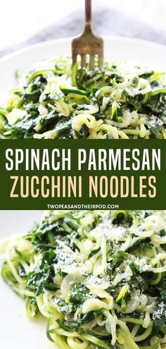 spinach parmesan zucchini noodles on a white plate with a fork