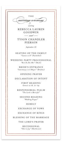 the wedding program is shown in red and white