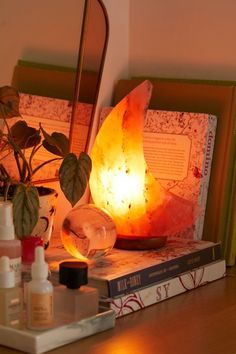 a lamp sitting on top of a wooden table next to a book and potted plant