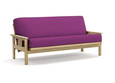 a purple futon couch sitting on top of a white floor next to a wooden frame