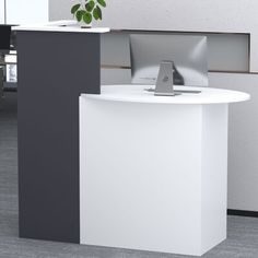 an office cubicle with a plant on the desk