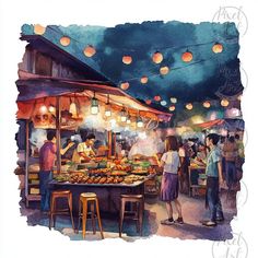 a watercolor painting of people shopping at an outdoor market with lanterns hanging from the ceiling