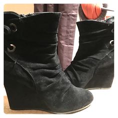 Stylish Yet Comfy Black Suede Wedge Boots For Fall. Brand New. Has Bow Detail. Side Zipper. Shoe References, Black Suede Wedge Boots, Boots For Fall, Wedge Ankle Boots, Poshmark Finds, Fit Ideas, Cool Fits, Suede Wedges, Wedge Boots