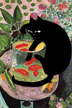 a black cat sitting on top of a pot filled with goldfish