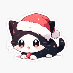 a black and white cat with a santa hat on its head sticker is laying down