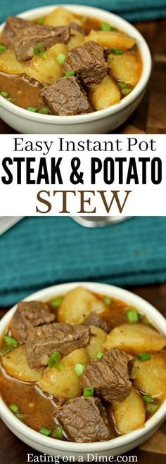 steak and potato stew in a white bowl with green onions on the side is shown