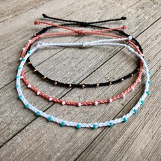 "TIFF&E waterproof bracelets and anklets are perfect for your active lifestyle - wear them anywhere... beach, pool, gym, shower, you name it! Alone or stacked with others, they give an effortless bohemian vibe and wearing them everyday will only enhance the natural look and feel. Each TIFF&E item is: -handmade with meticulous attention to detail using high quality waterproof waxed polyester string -adjustable using our unique minimalist sliding knot -super cute and fun when stacked with Braid Bracelet, Wax Cord Bracelet, Beach Bracelet, Surfer Bracelets, Bracelets Design, Beach Bracelets, Multi Strand Bracelet, Homemade Jewelry, Sliding Knot