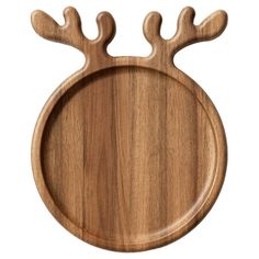 a wooden tray with reindeer antlers on it's sides and the top half of its body