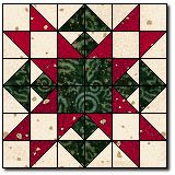 a red, white and green quilted square with an intricate design in the center