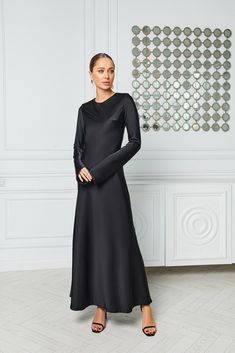 Fabric: Satin Viscose 35%, Polyester 35%, Cotton 20% Nylon 10% Long sleeve Backless Maxi length Black Winter Bridesmaid Dresses, Black Modest Bridesmaid Dresses, Winter Wedding Dress Guest, Modest Black Dress, Black Dress Work, Burgundy Long Sleeve Dress, Black Bridesmaid Dress, Bene Gesserit, Winter Bridesmaid Dresses