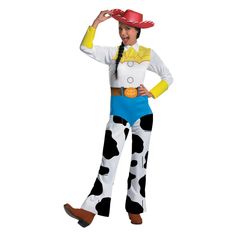 a woman in a toy story costume standing with her hands on her head and wearing a cowboy hat