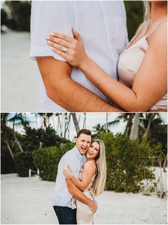 an engaged couple hugging on the beach with palm trees in the background and their engagement ring