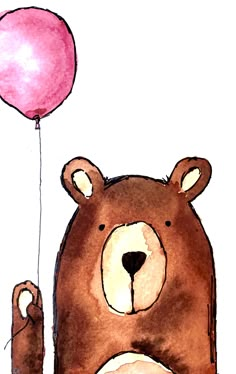 a drawing of a brown bear holding a pink balloon