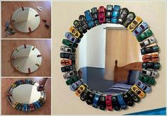 a mirror that has cars on it in the shape of a circle with words and pictures