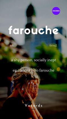 a woman with her hands on her face in front of a cityscape and the words, farouche