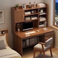 a bedroom with a bed, desk and computer on the top shelf in front of a window