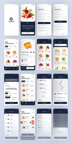 a bunch of screens that are showing different items in the same section, including fruits and vegetables