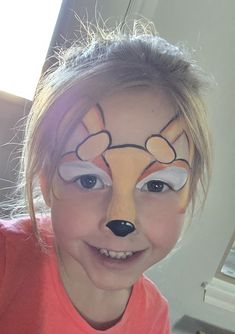 Bingo from Bluey face paint Bluey Face Painting Kids, Bingo Makeup From Bluey, Bluey Halloween Makeup, Bluey And Bingo Face Paint, Bluey Costume Makeup, Bluey Bingo Face Paint, Face Paint Booth Ideas, Scooby Doo Face Paint, Eevee Face Paint