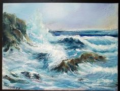 an oil painting of waves crashing on rocks