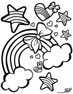 a black and white drawing of a rainbow with stars, clouds, hearts and other things