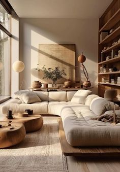 a living room filled with lots of furniture next to a large window and bookshelf