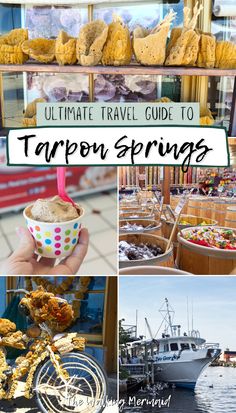 Photo collage of various locations at The Sponge Docks including an ice cream shop, candy shop, souvenir store, boat tour, and more. Linked to the ultimate travel guide to tarpon springs, florida. Tarpon Springs Sponge Docks, Tampa Restaurants, Greek Foods, Cuban Coffee