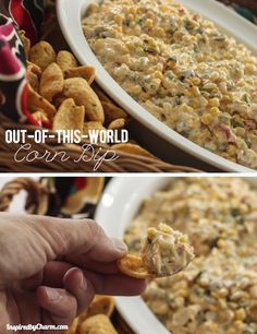 two pictures showing the process of making corn dip with crackers and chips in it