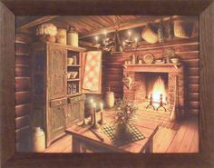 a painting of a fireplace in a log cabin with candles on the mantle and other items