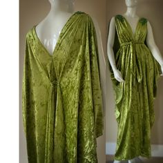 Handmade in our small exclusive studio in Portland Oregon. Indulge in the timeless elegance of our exquisite draped velvet Grecian gown, crafted from luxurious materials for a regal and goddess-like look.  The flowing design features intricate draping and a body-flattering silhouette, perfect for any formal occasion.  The soft rich crushed velvet in luscious chartreuse/olive green adds a touch of sophistication and luxury, while the Grecian-inspired details bring a touch of ancient glamour. Spectacular sparkling rhinestone appliqués on shoulders bring the bling for a one of a kind look!  This versatile gown can be worn in a number of different ways from a modest look to a more daring evening style. Pair with the matching turban, statement jewelry and heels for a look that's both dramatic a Grecian Dress Ancient, Ancient Grecian Fashion, Luxury Velvet Wedding Dress, Green Velvet Dress For Wedding, Fitted Velvet Dress With Traditional Drape, Fantasy Goddess Outfit, Empire Silhouette Dress, Greek Dress Goddesses, Green Gold Dress