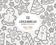 the twelve gingerbread cookies are drawn in black and white