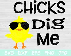 a yellow chicken wearing sunglasses with the words chicks dig me