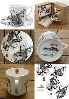 four different types of coffee cups and saucers with designs on them, all in black and white