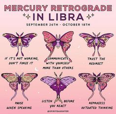 a pink poster with different types of butterflies on it's sides and the words, mercurry retrodrae in libra