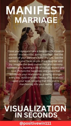 Visualize your dream marriage in just 30 seconds! Close your eyes and imagine a life filled with love, harmony, and mutual respect. See yourself and your partner sharing joyful moments, supporting each other, and building a future together. This powerful visualization is designed to attract a blissful and happy marriage. Perfect for those seeking love and fulfillment in their relationship. Pin this to your "Manifestation" board and start attracting the love you deserve! #BlissfulMarriage #HappyRelationship #IndianLove #ManifestLove #PositiveAffirmations Love Marriage Manifestation, Dream Life Partner, Manifestation For Marriage, Vision Board For Marriage, Happy Marriage Vision Board, Dream Partner Manifestation, Manifesting Marriage, Affirmations For Family, Manifest Partner