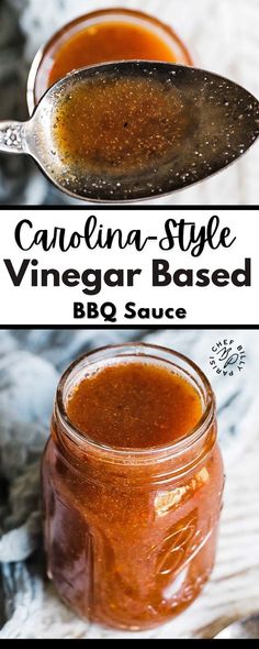 a spoon full of bbq sauce with the words california style vinegar based on it