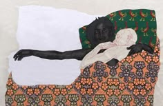 a painting of a baby laying on top of a bed next to an orange and green blanket