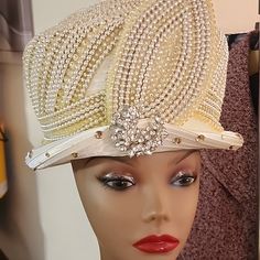 White Pearls And Rhinestones Cover Hat Church Hat, Fancy Hats, Church Hats, Rose Buds, Pearl White, Yellow White, High Fashion, Color White, Women Accessories