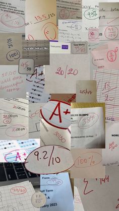 a collage of papers with numbers and symbols on them, all written in different languages