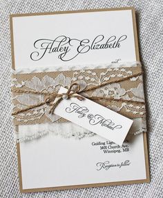 a wedding card with lace and ribbon on it